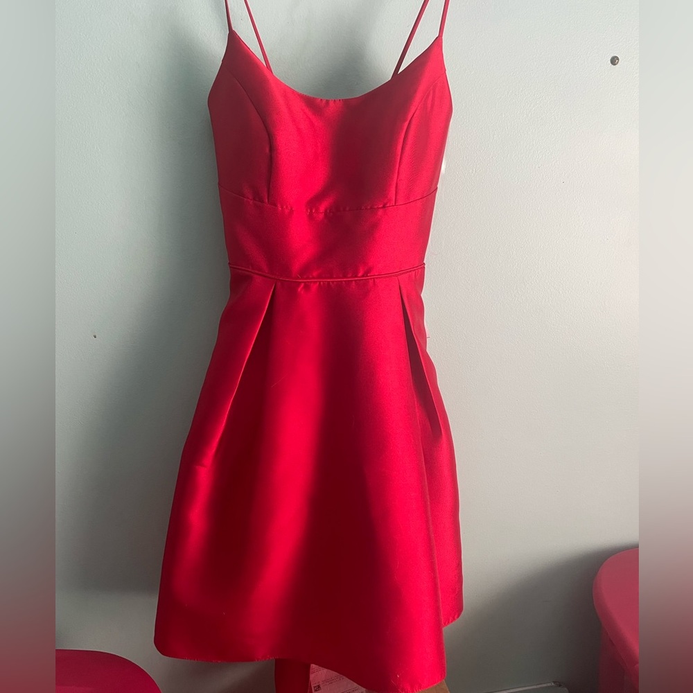 Red high-low Pear Culture formal dress.